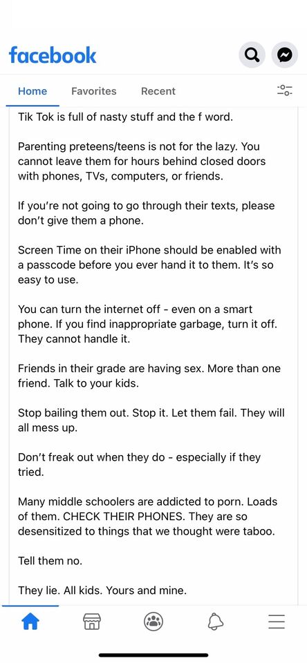 a screenshot of a text message from a facebook user about screenuse and kids
