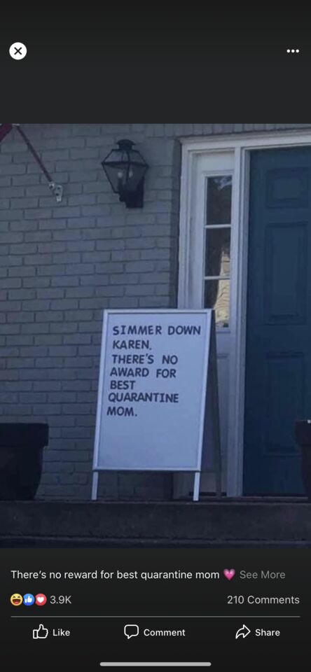 there is a sign criticizing Karen quarentine moms