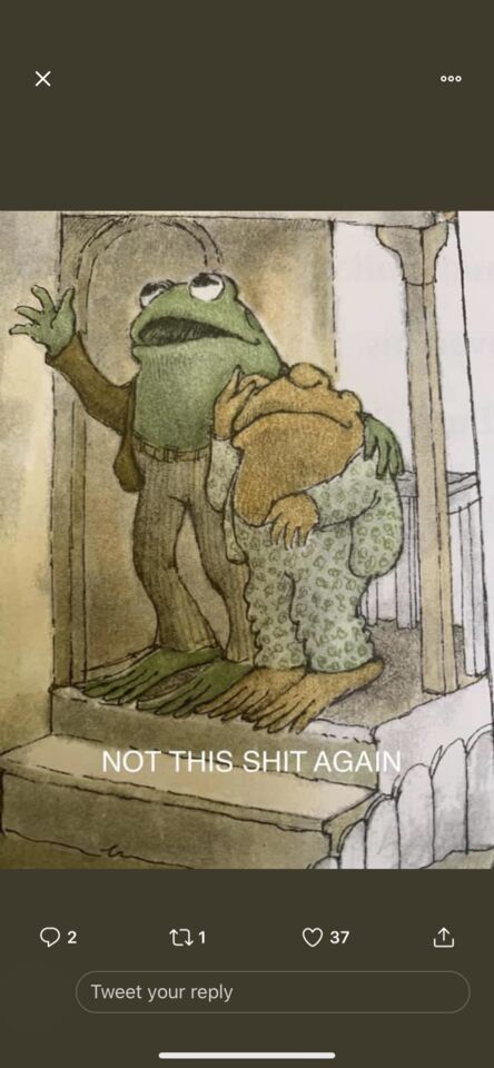 there is a cartoon of a frog and a frog that are on a bed