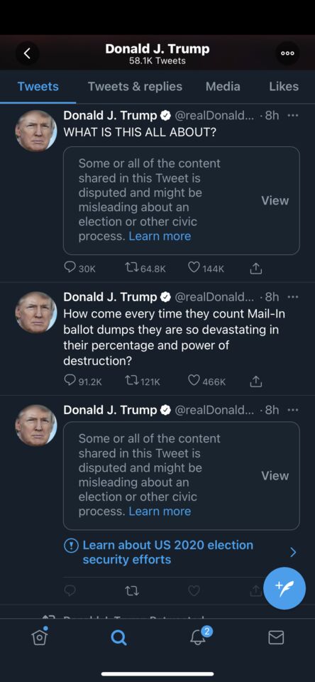 a screenshot of a twitter removing content from Trumps account that spreads election disinformation