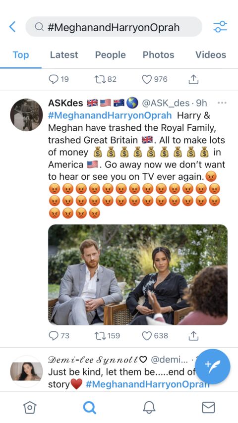 a screenshot of a twitter post with a picture of meghan and harry