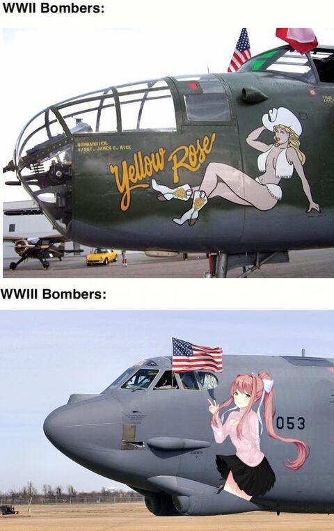 a close up of a plane with a woman on the side and a man on the side