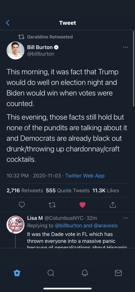 a screenshot of a twitter account with a tweet and a photo of a man; day after the US 2020 election