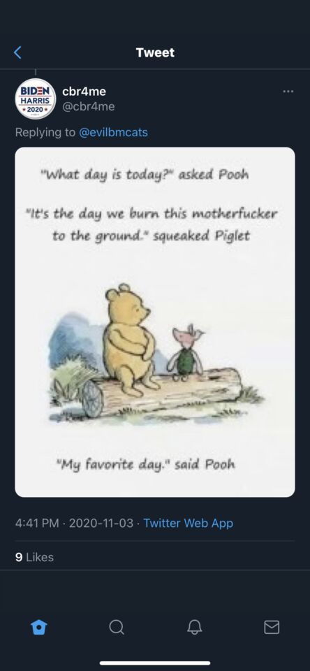 a close up of a twitter post with a cartoon of Winnie the Pooh and Piglet