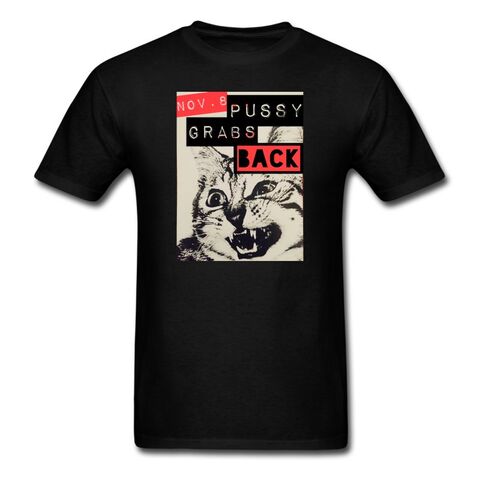 a black shirt with a cat on it that says pussy black