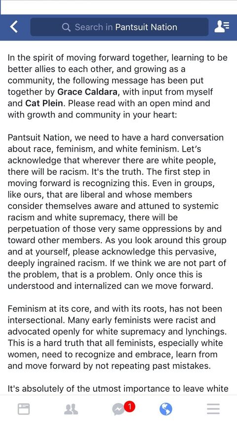 Pantsuit Nation Facebook reckoning with white feminism post-murder of George Floyd