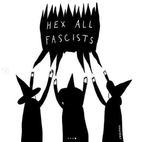 a cartoon of three witches holding up a sign that says hex all fascists