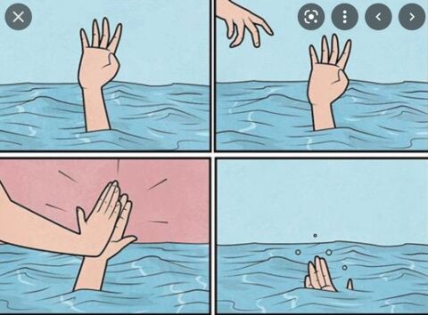a cartoon of a person reaching out of the water to touch a hand